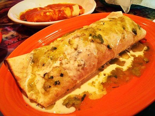 Chicken burrito covered in queso & salsa verde! So good!