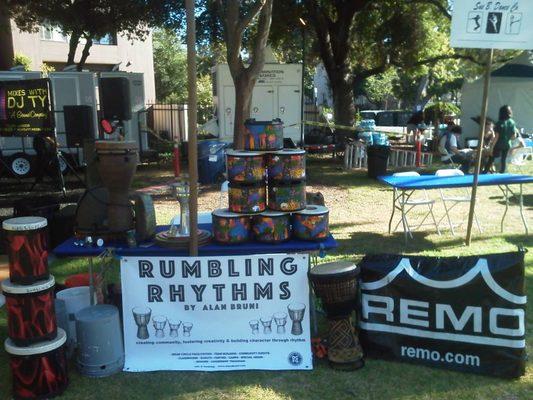 REMO drum company and Rumbling Rhythms getting ready for drum circles in association with Pasadena Heritage .. Pasadena Bridge Party