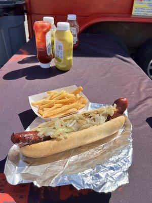 Spicy Polish with grilled onions and fries