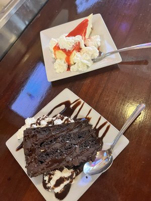 Cheesecake With Strawberry Coullis and Chocolate Outrage Cake