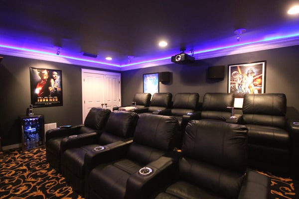 9 Home Theater Seattle Signature seats, projector, LED lighting in custom crown molding.