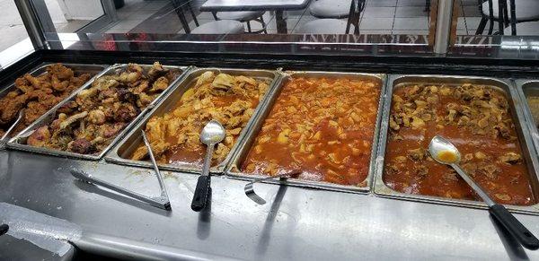 Fried chicken, Baked chicken, Stew chicken, Mondongo, Ox tail(Left to Right)