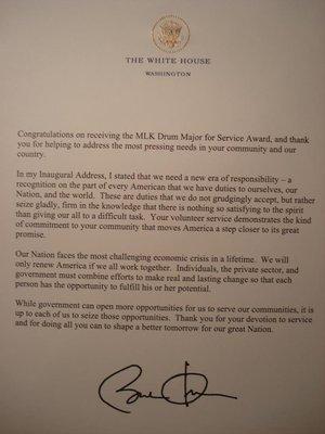 Received MLK Volunteer Service Award for from the President in 2012.