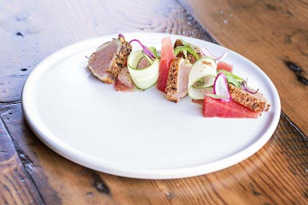 Seared albacore tuna - compressed watermelon, cucumber, jalapeno.