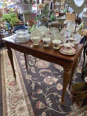 Sofa Table Topped w/Tea Cup Sets