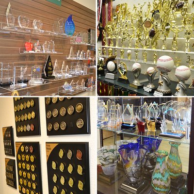 Four images of custom acrylic awards, trophy toppers, medals and art glass/crystal awards.