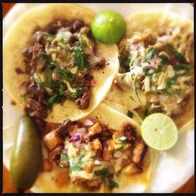 Street tacos: asada, carnitas, pastor