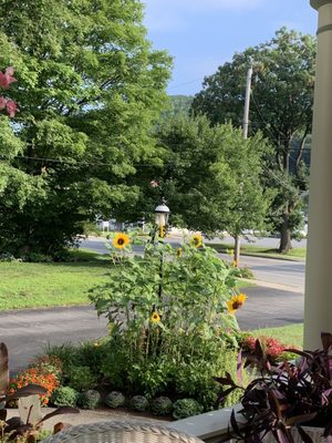 Sunflowers wrap around the entrance porch  pole light