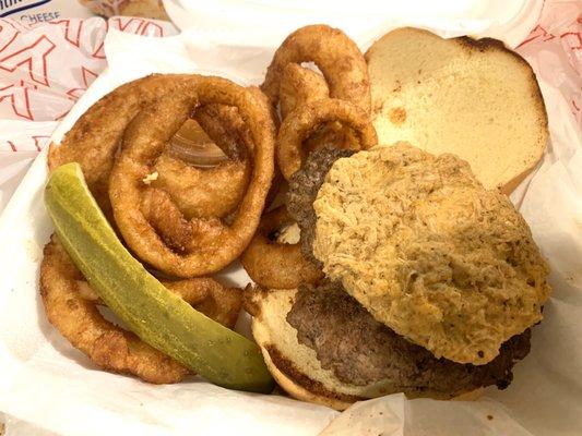 Chesapeake burger (crab imperial on top) and onion rings