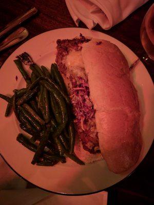 Spicy chicken sandwich and sauteed green beans