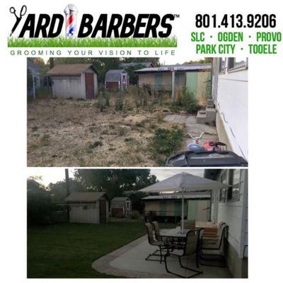 Cleared out yard.
Tilled and graded.
New concrete patio. 
Applied sprinkler system. 
Applied new sod.
Haul and dump to landfill.