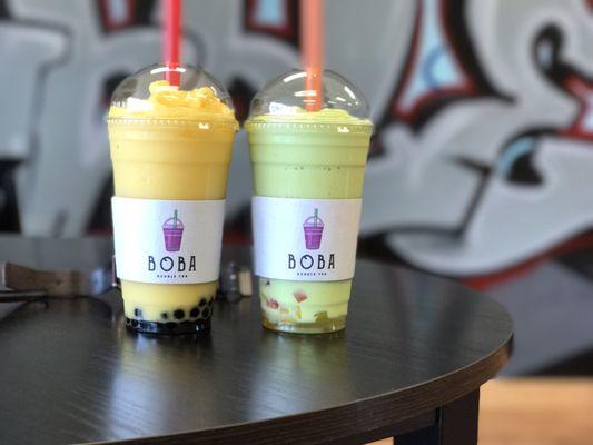 Mango w/ boba & Honeydew Mango w/ rainbow jelly