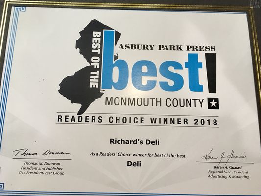 Just Voted #1 Deli in Monmouth County - By the People! Thank you everyone!