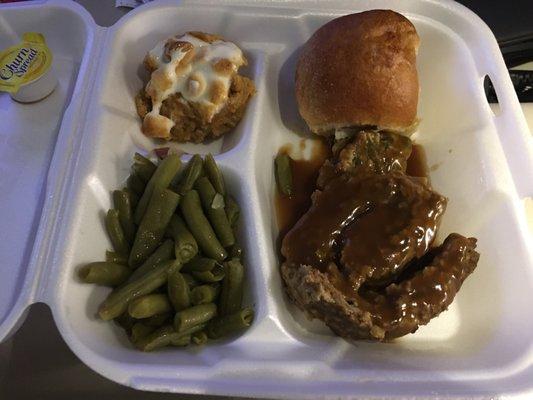 Meatloaf Dinner with Green Beans, Sweet Potatoes and a Dinner Roll