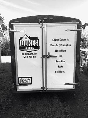 Dukes Building's job trailer.  I do remodel and restoration, custom carpentry, finish work and trim, demolition, decks, framing, and more.