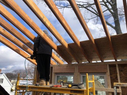 Joist are finished installing new plywood roof