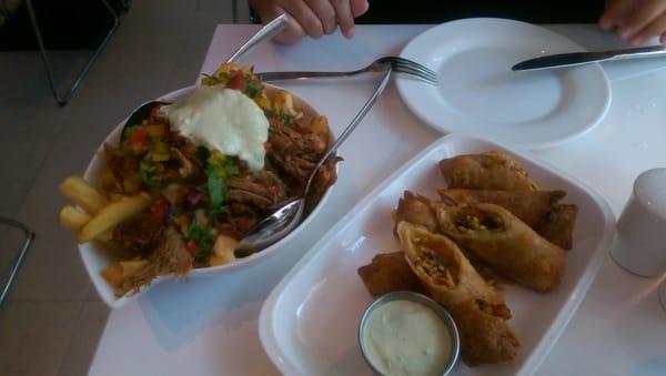 Loaded sexy fries and southwestern eggrolls.