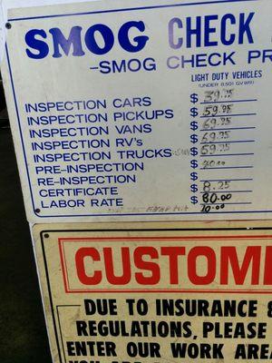 Pricing. Note excessive increase for "Trucks and SUVs" and additional "Certificate" charge