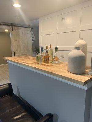 Features wall, butcher block countertop