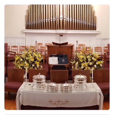 The church set up for monthly Communion on the first Sunday of the month. The choir loft us in the back below the beautiful organ pipes.