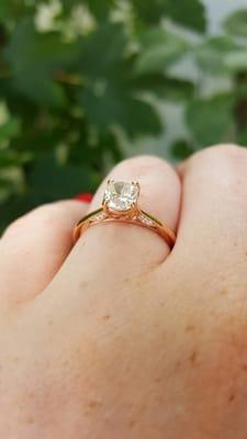 1.12 carat cushion cut in rose gold Tacori 2638. The cut of this diamond makes it look like a sparkly snow globe from all angles. Love it!