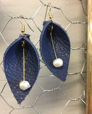 Leather and pearl folded leaf design earrings