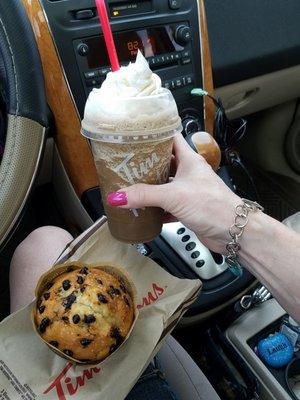 I'm ready for the day at Mom's with a low-fat caramel iced cap 2.99 and a 99-cent muffin