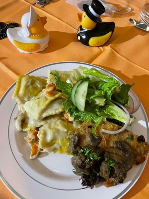 Butternut ravioli , salad and chicken Marsala