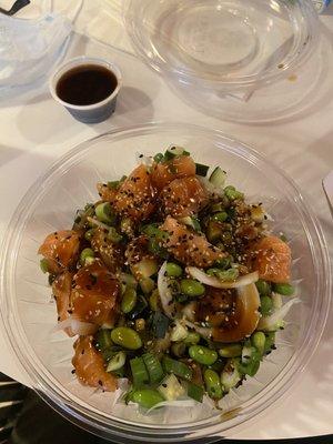 Salmon, edamame, scallion, sweet onion, and cucumber poke bowl!