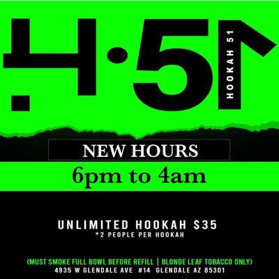 Unlimited hookah bowls for $35 everyday