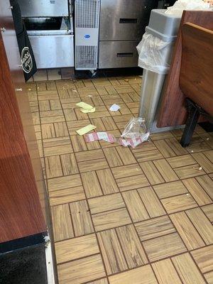 Dirty floor, food and trash