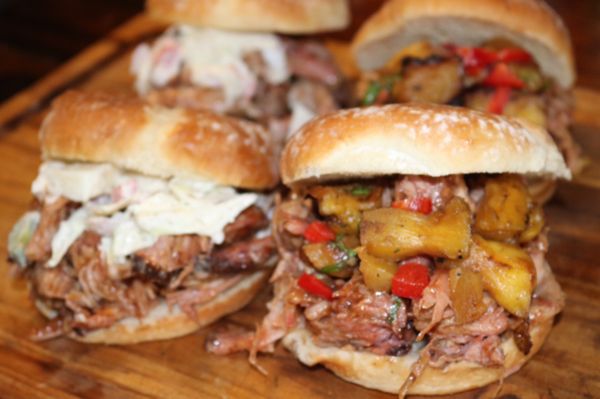 BBQ pulled pork with homemade coleslaw. Pulled pork with grilled pineapple salsa