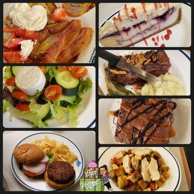 (French toast) Breakfast, (chicken caesar salad/veggie burger) lunch & (steak) dinner