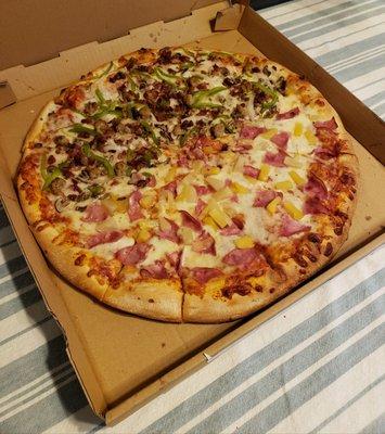 Large Pizza Half Hawaiian  Half Bacon, sausage, bell pepper, mushroom, and onion