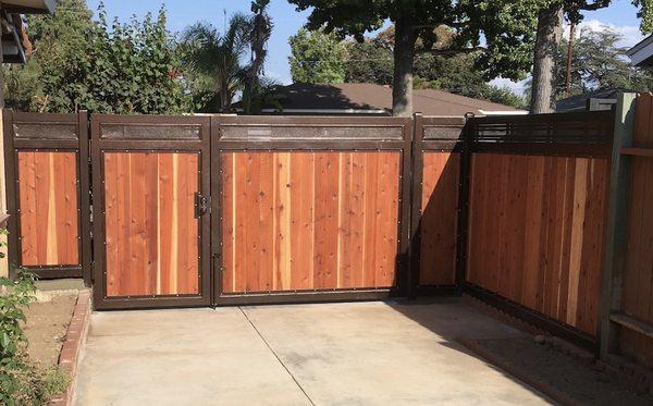 Brown Metal Frame/Tongue and Groove Redwood Boards Double Gate/Fence