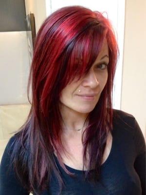 From Purple & Blue to.... Vibrant Red & espresso! Hair by Caroline 916-838-9394