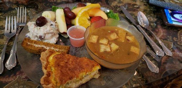 Rose garden sampler.  Quiche, pumpkin bread, chicken salad. Fruit. Chicken tortilla soup.