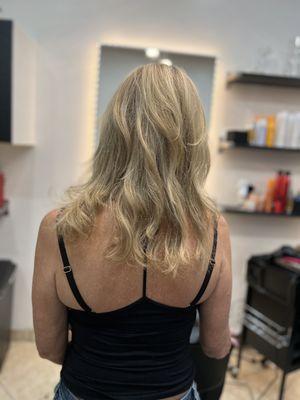 Blonde root touch up and highlight revamp with trim and deep conditioning treatment