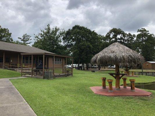 Cabin and one of many seating areas throughout the property