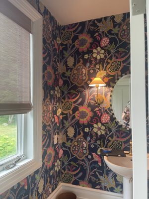 Bold Thibaut wallpaper gives powder room the wow!