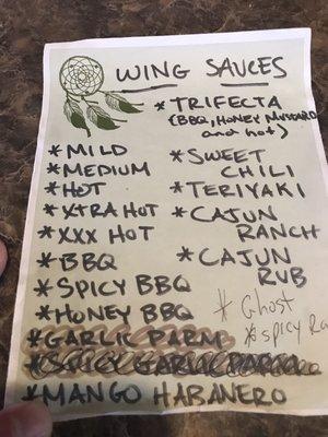 Wing sauce list.  The two that appear to be crossed off are available.  Wing special is on Monday's.  8 wings and fries for $5.95.