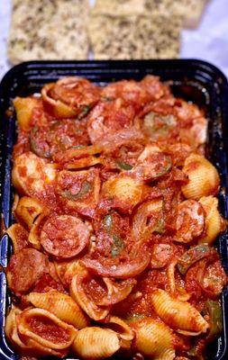 Sausage and peppers w/ shells and focaccia bread - takeout