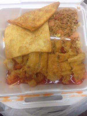 Sweet and sour chicken rice cho cho and fried wonton lunch plate