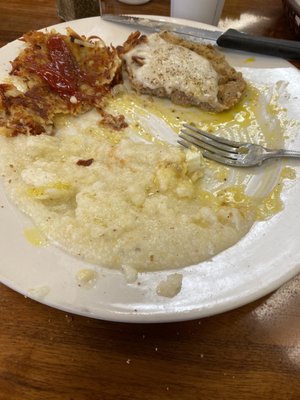 Chicken fried steak, hash browns & amazing grits!