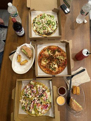 Veggie Burger, sausage onion and chorizo pizza, Mexican flat and falafel flat!