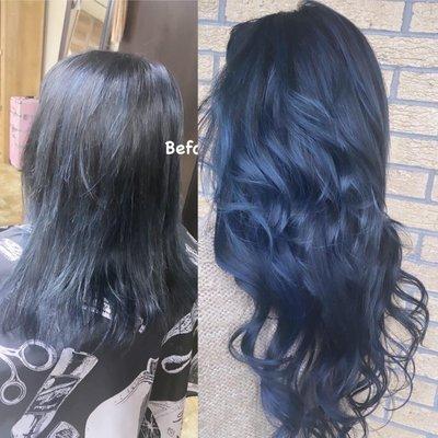 Blue black highlights with tape in extension