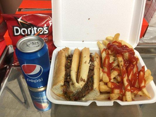 Cheese Steak with French Fries, Doritos, and Soda