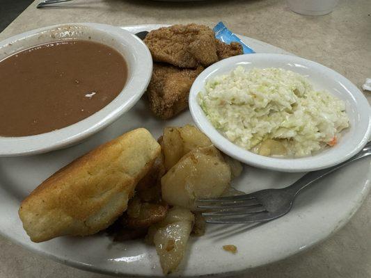 Friday special: Fried Fish and "taters" with soup beans and coleslaw