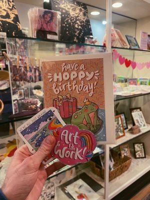 Artists and their wares !  Pictured : sticker by marie scoggin, pink sticker + card by sarah garrett art of soft serve spooks