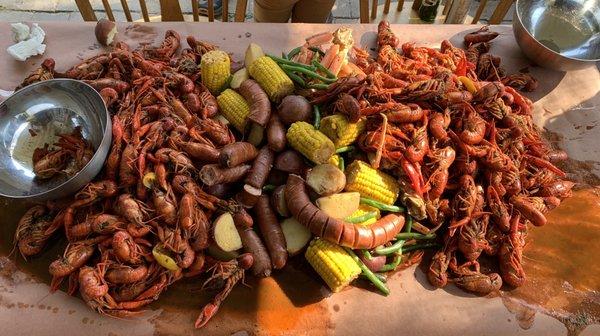 Crawfish, crab, sausage, corn, potatoes, green beans